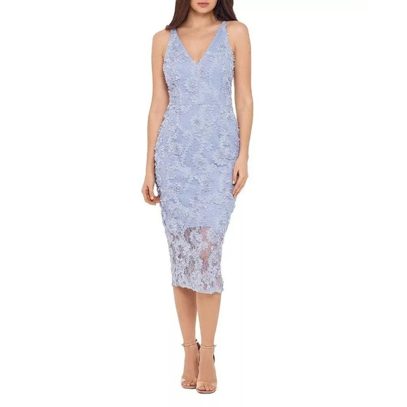 NWT Xscape Lilac Gray 3D Floral Lace Midi Dress $219 - Picture 3 of 13